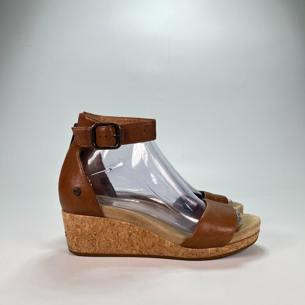 UGG Zoe II Chestnut Leather Cork Platform Wedge Sandals 1102674 Women's Size 7.5
